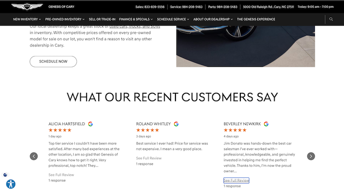 Google Reviews on Dealership Website