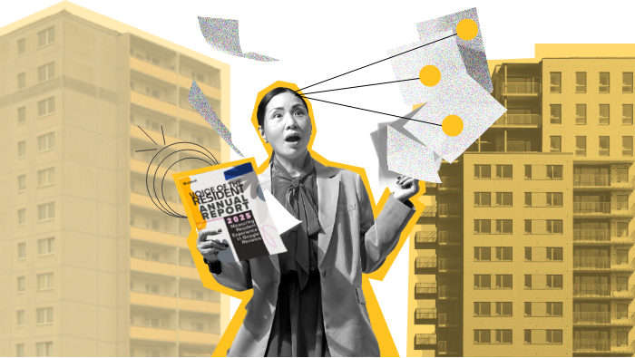 Illustration of a person holding a 'Voice of the Resident Annual Report 2025,' with papers and data points swirling around.