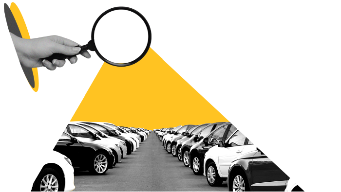 Illustration of a hand holding a magnifying glass, casting a yellow spotlight on rows of cars in a dealership lot, symbolizing the importance of monitoring customer reviews and feedback in the auto industry.