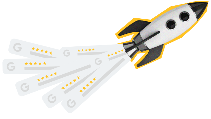Rocket ship blasting off with trails of five-star Google reviews, symbolizing rapid growth in online reputation.