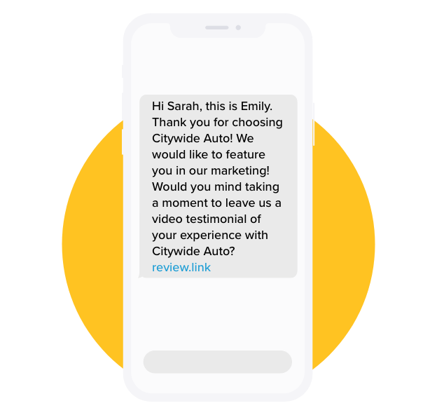 Invite video accordion 1 - SMS automation - add in a dealership name (“Emily from XYZ”)