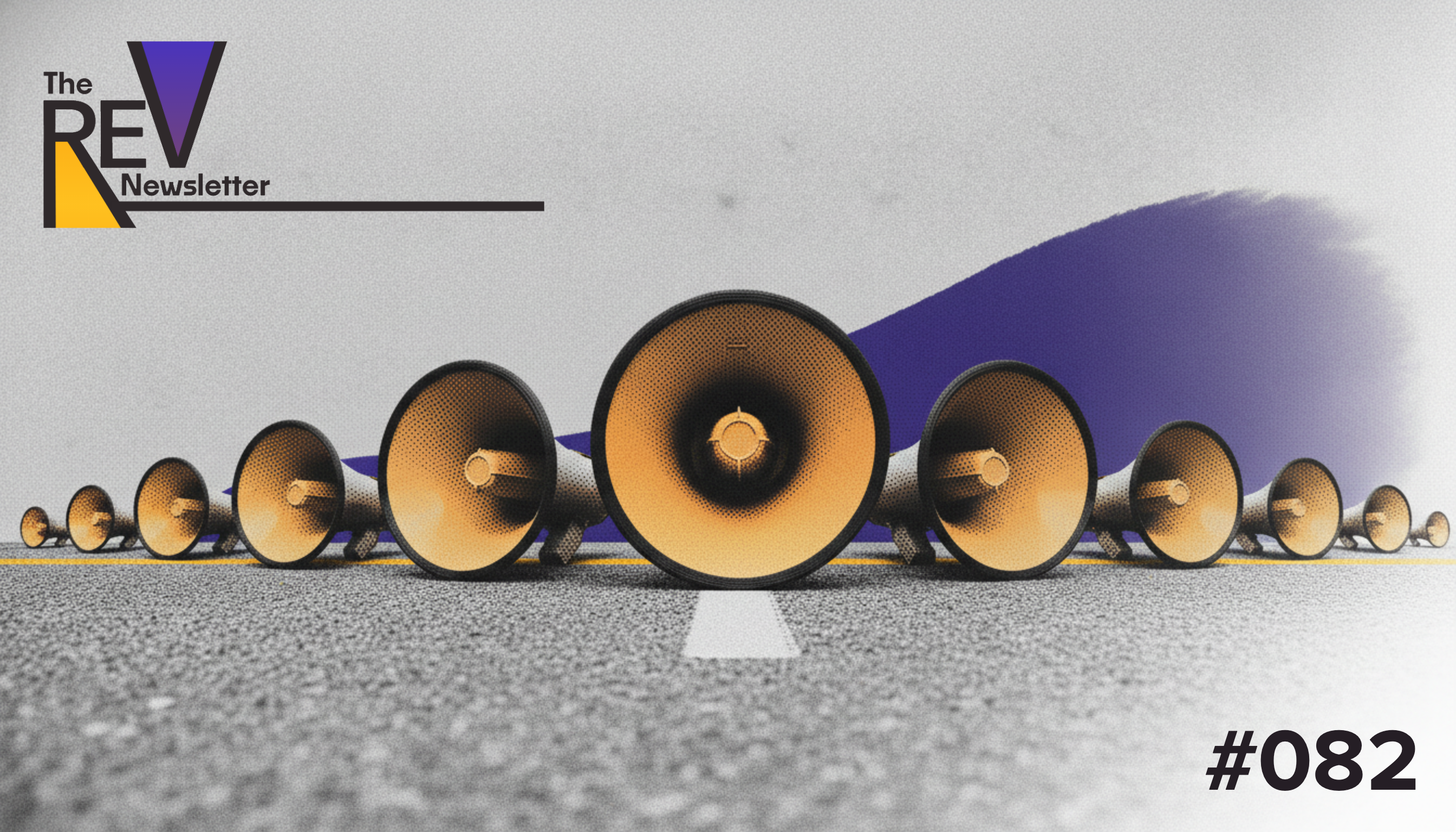 REV #082: fourteen megaphones in a row on a painted parking stall, one giant and the rest small. Share of voice by market.