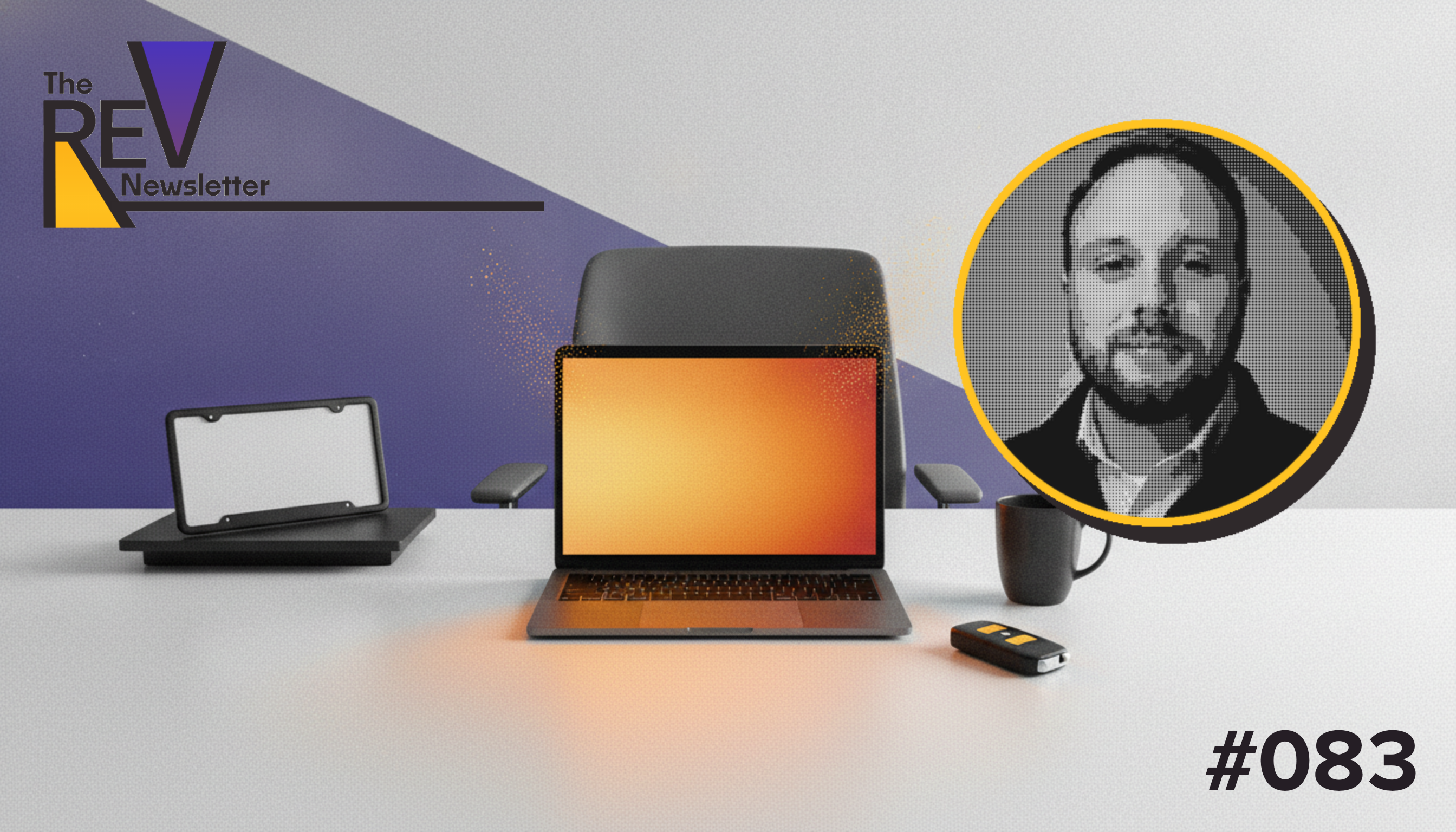 REV #083: an empty dealership desk at dawn with a laptop working by itself, and Dustin Schuler of Bud Clary Auto Group