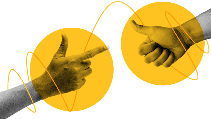 Two hands—one pointing, the other giving a thumbs-up—against bold yellow circles connected by an orange wavy line, symbolizing communication or connection.