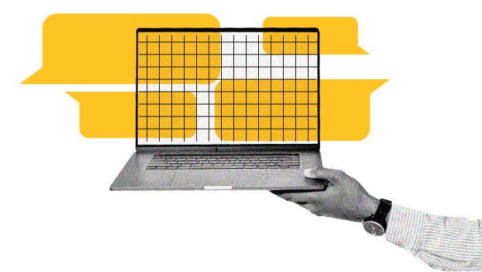 Hand holding a laptop displaying a grid pattern in front of stylized yellow review icons