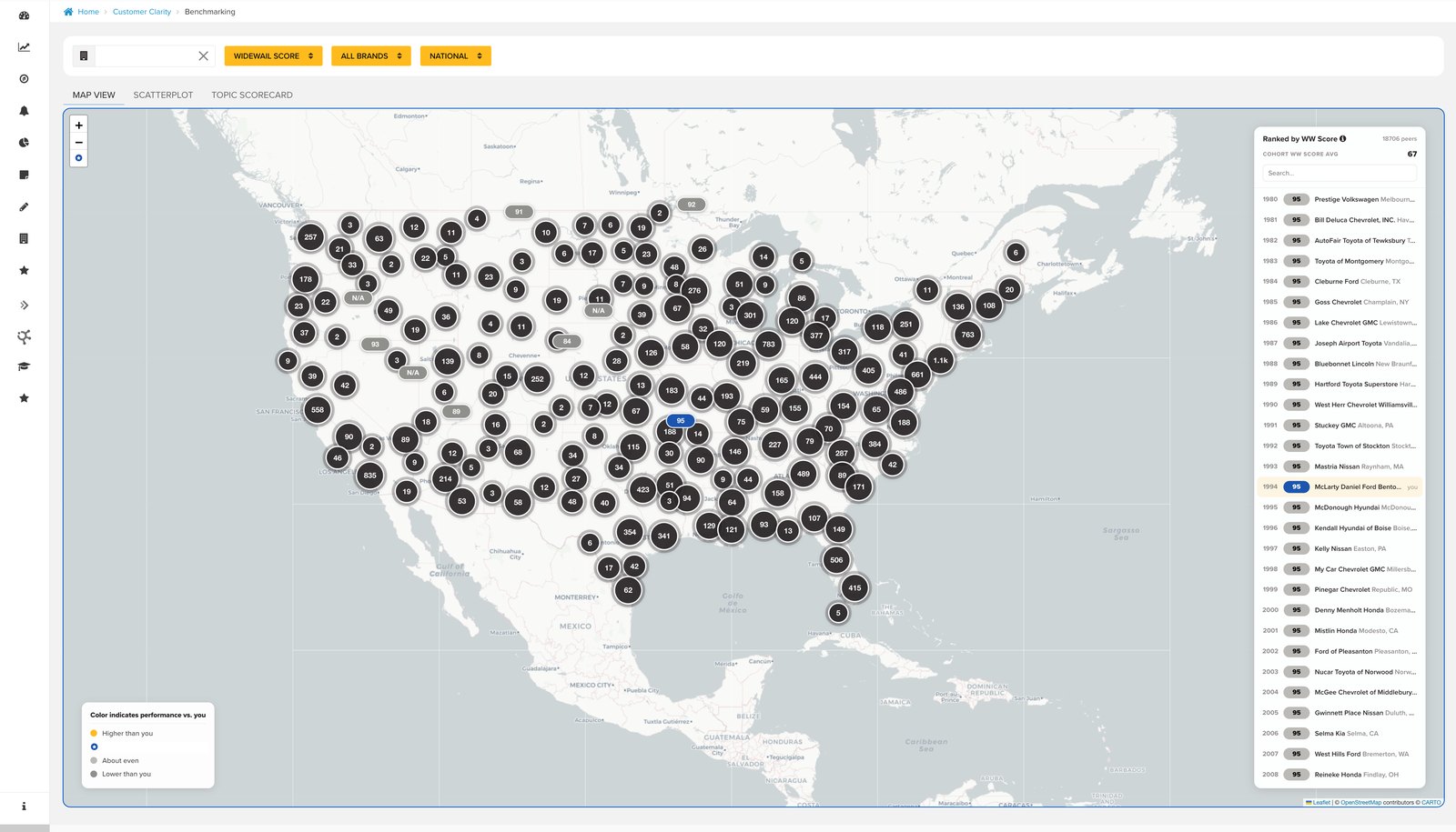 The full U.S. dealer network plotted by score, with a national ranked panel alongside.