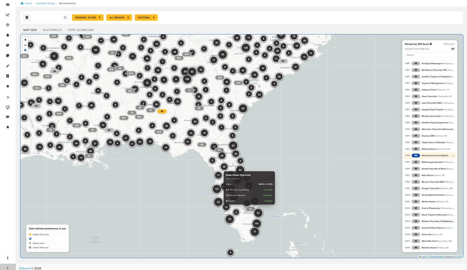 Every rooftop in a region plotted against its local competitors, with a ranked panel alongside.
