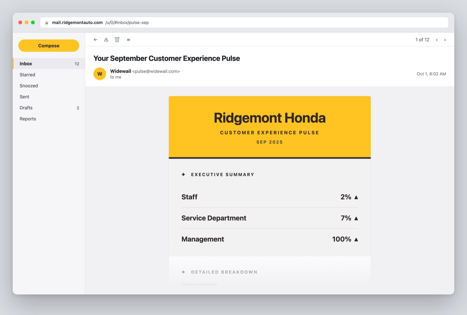 The Customer Experience Pulse email, with an executive summary of topic movement
