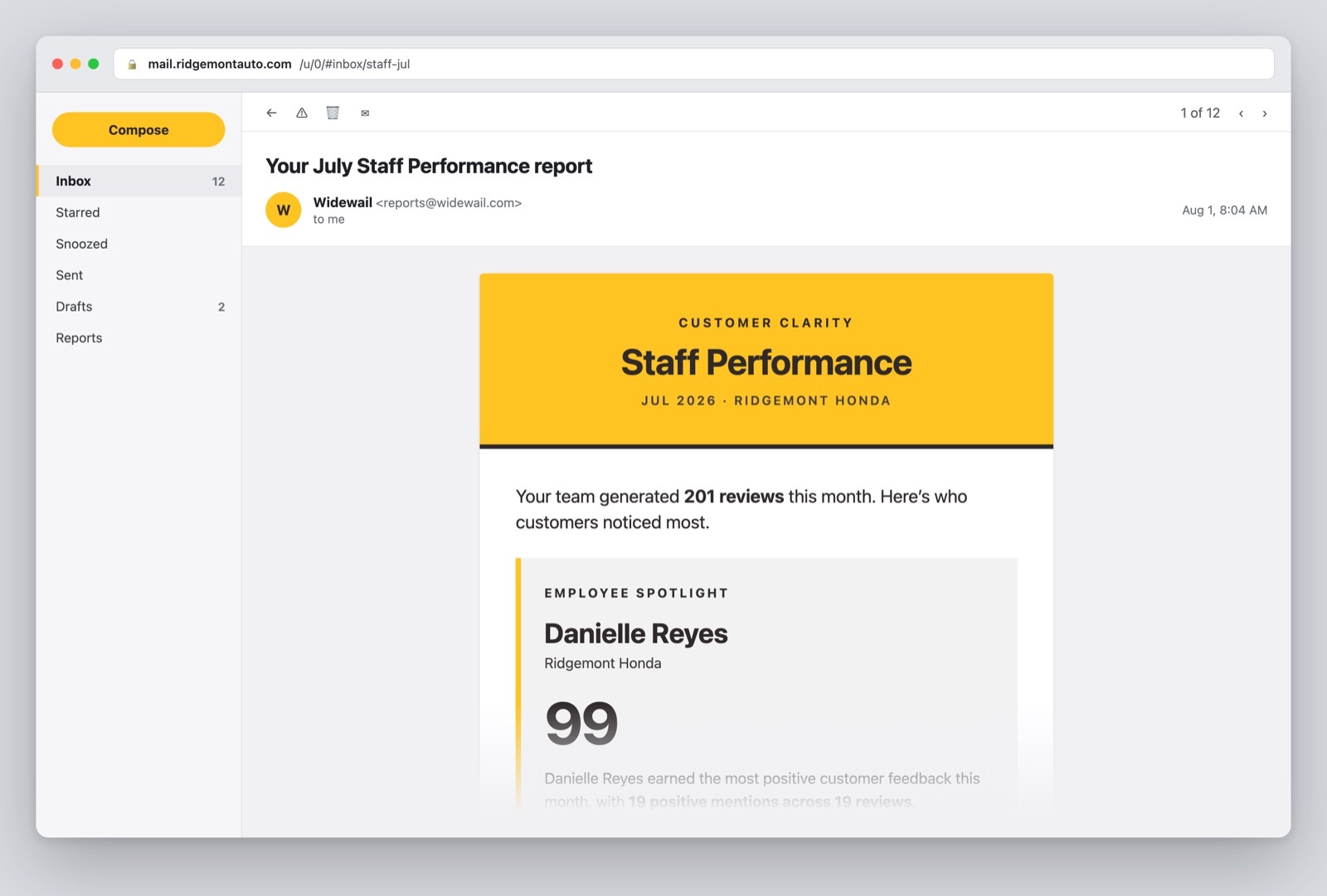 The monthly Staff Performance report email, with an employee spotlight and score
