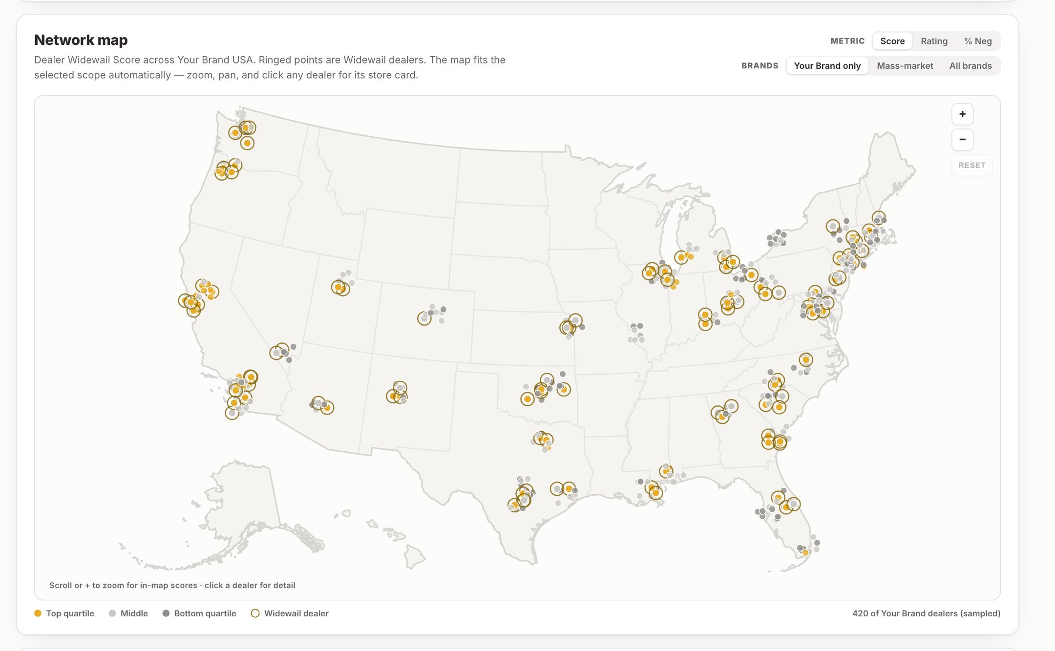 The national dealer footprint mapped by performance quartile.